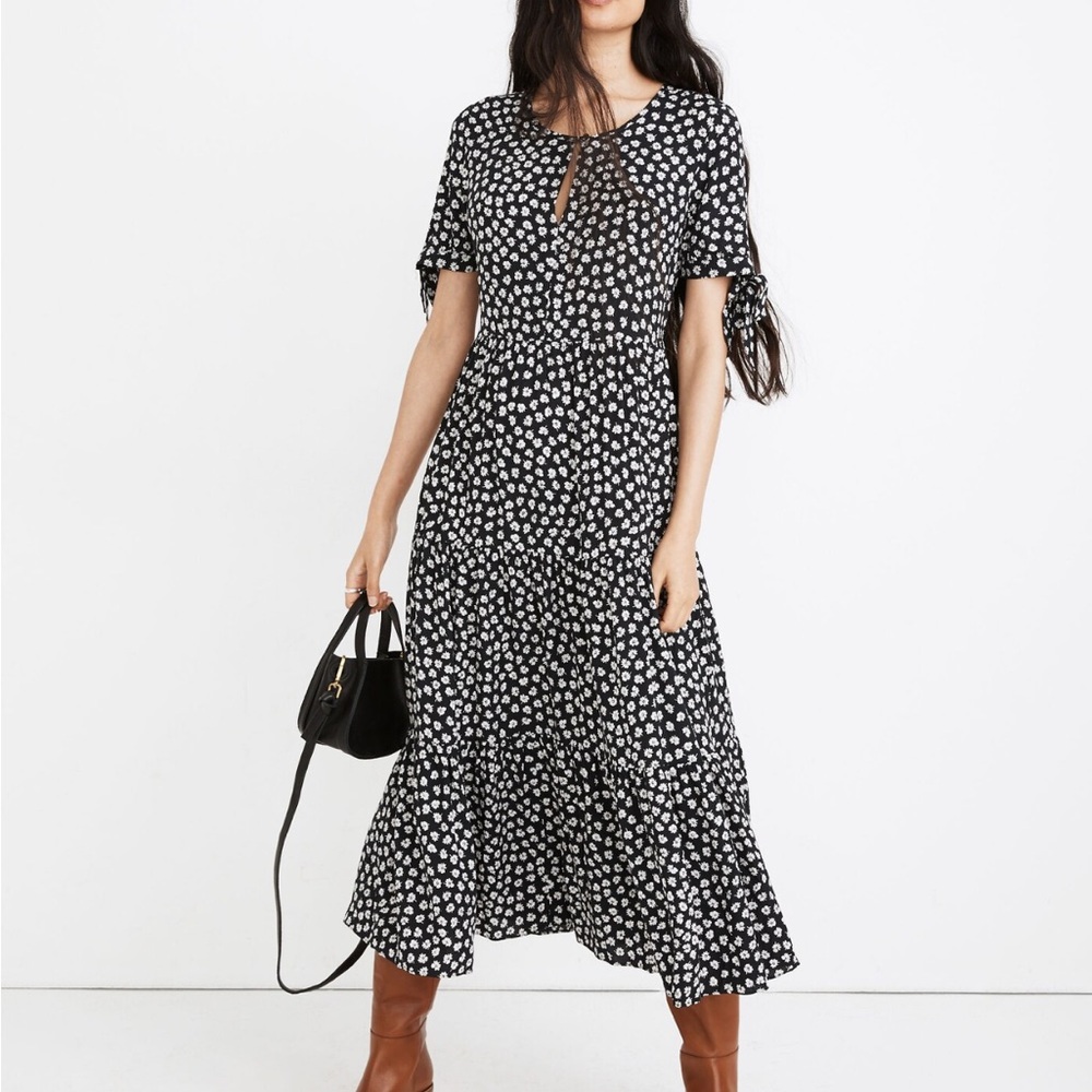 Madewell Tie-Sleeve Tiered Midi Dress in Woodcut Flowers - Size M - EUC